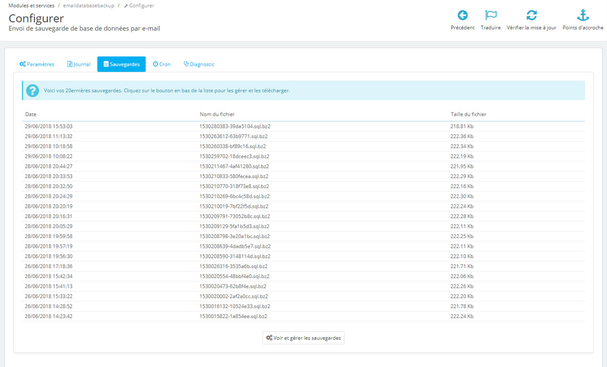emaildatabasebackup_backups Liste des sauvegardes de base de données Prestashop