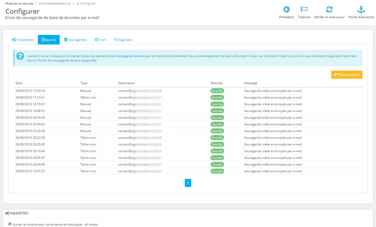 emaildatabasebackup_log Journal des sauvegardes de base de données de Prestashop