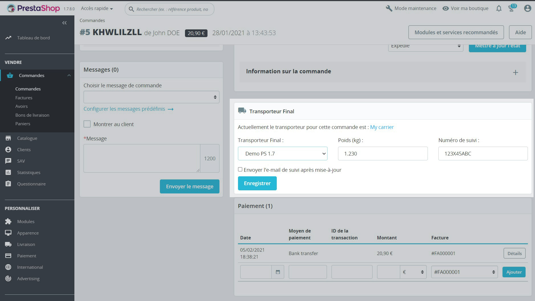 setfinalcarrier_ps1-7_fr Module Prestashop pour modifier le mode de livraison dans l'administration de la commande