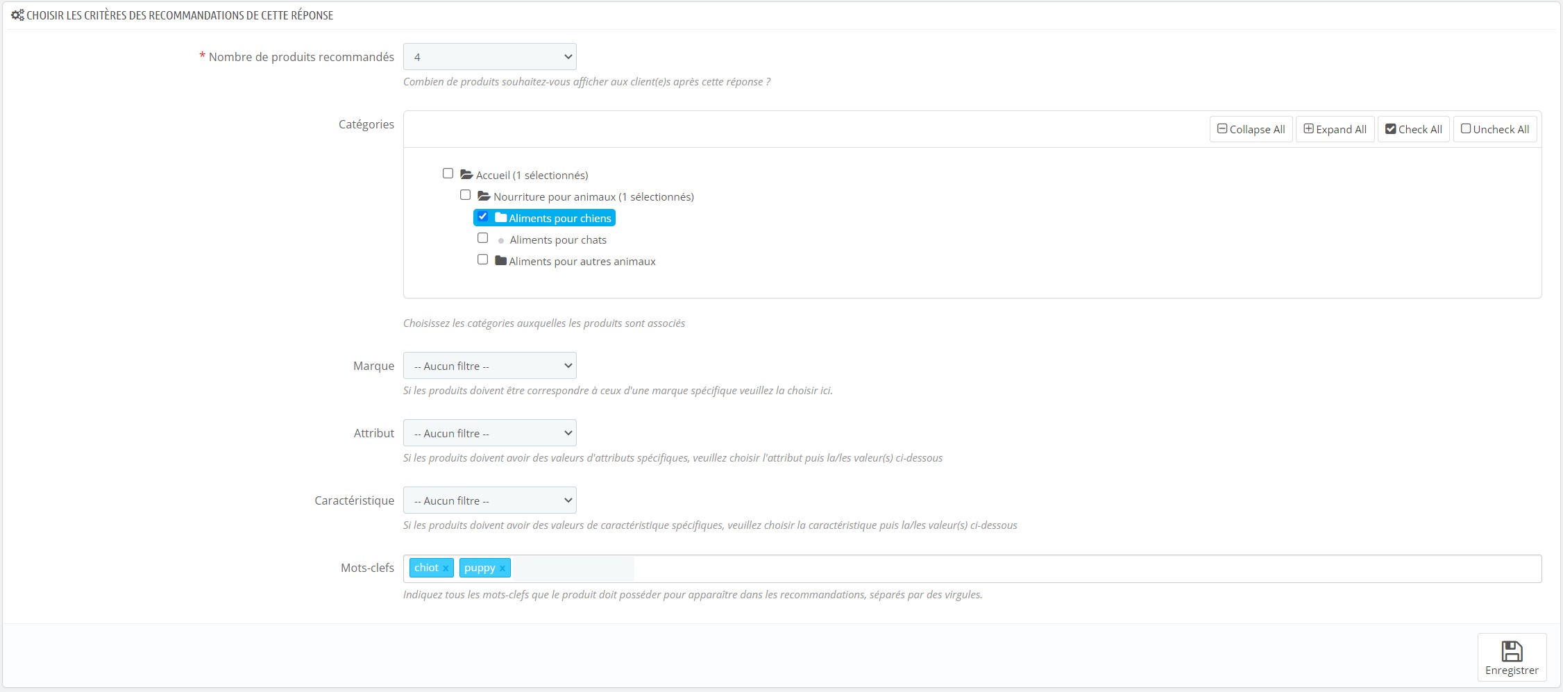 productadvicesurvey_bo_crtiteria_fr Paramétrage des critères de recommandation de produits du module de questionnaire conseils produits
