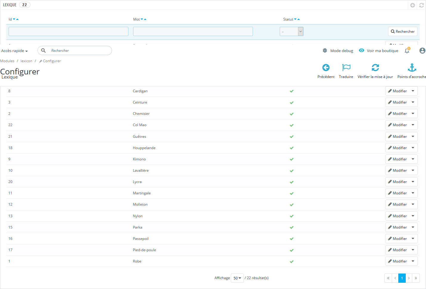 lexicon_bo_liste Module Prestashop pour afficher une liste de définitions de mots sous forme de glossaire