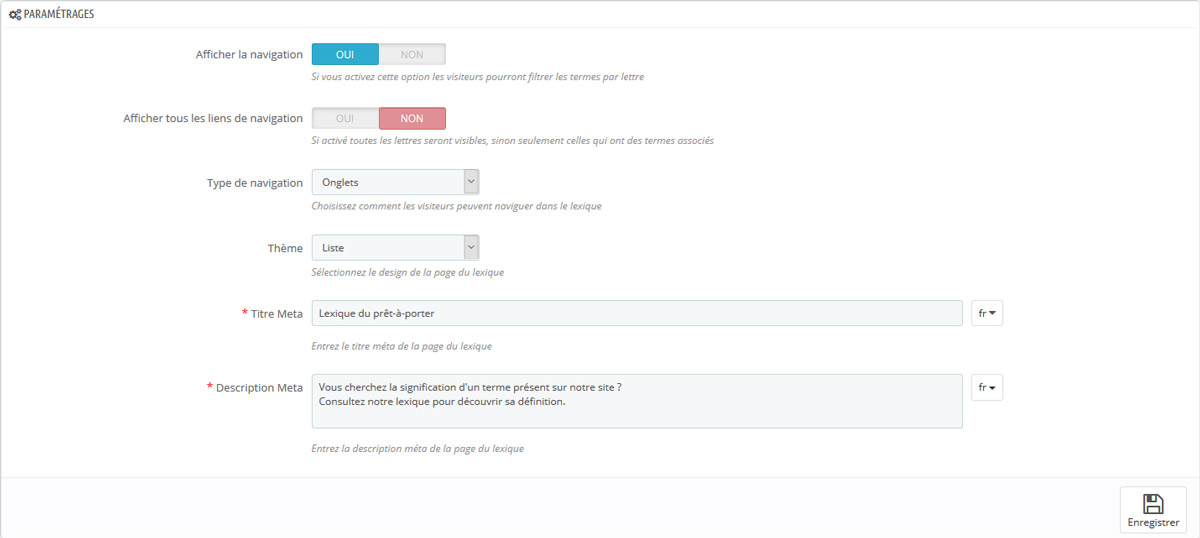 lexicon_bo_parametrage Les options de configuration du module de lexique pour Prestashop sont nombreuses