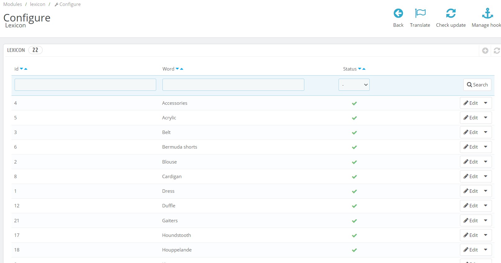 Prestashop module to display a list of word definitions in glossary form