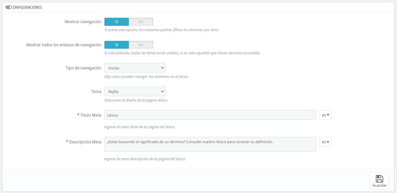 lexicon_bo_parametrage_es Las opciones de configuración del módulo Lexico para Prestashop son numerosas