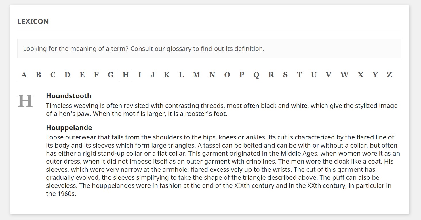 Prestashop module to display a lexicon of used terms