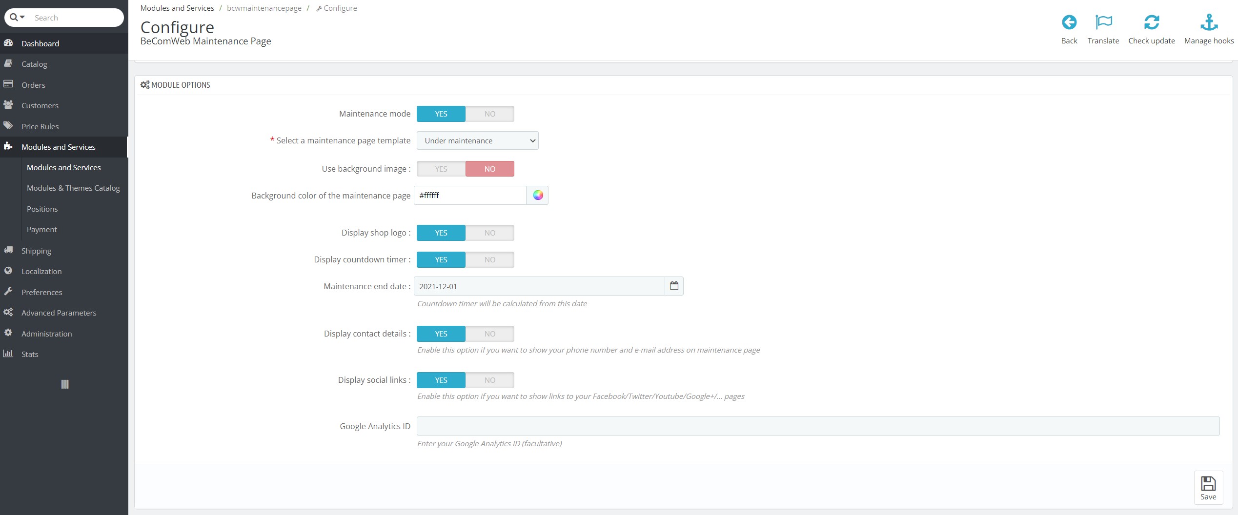 back_en Configure the Prestashop maintenance page thanks to the many options of the module