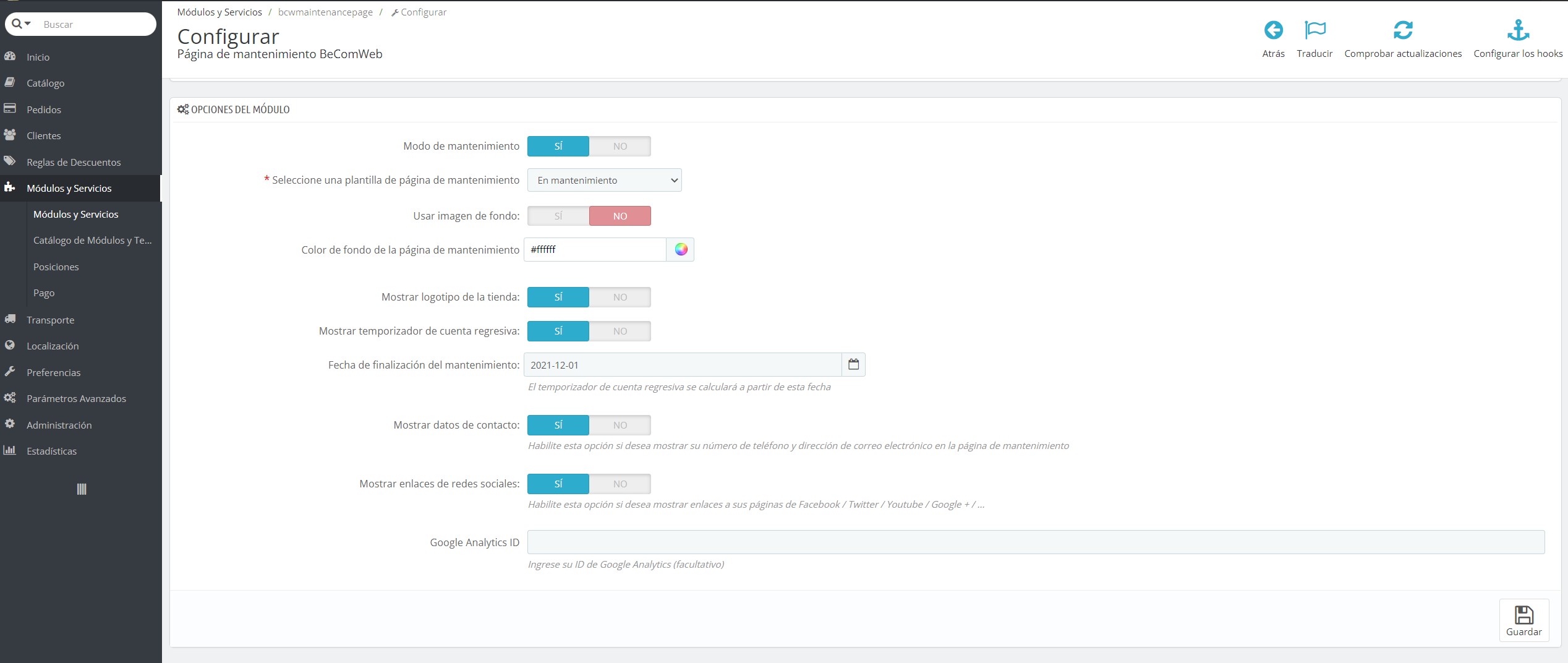 back_es Configure la página de mantenimiento de Prestashop gracias a las múltiples opciones del módulo