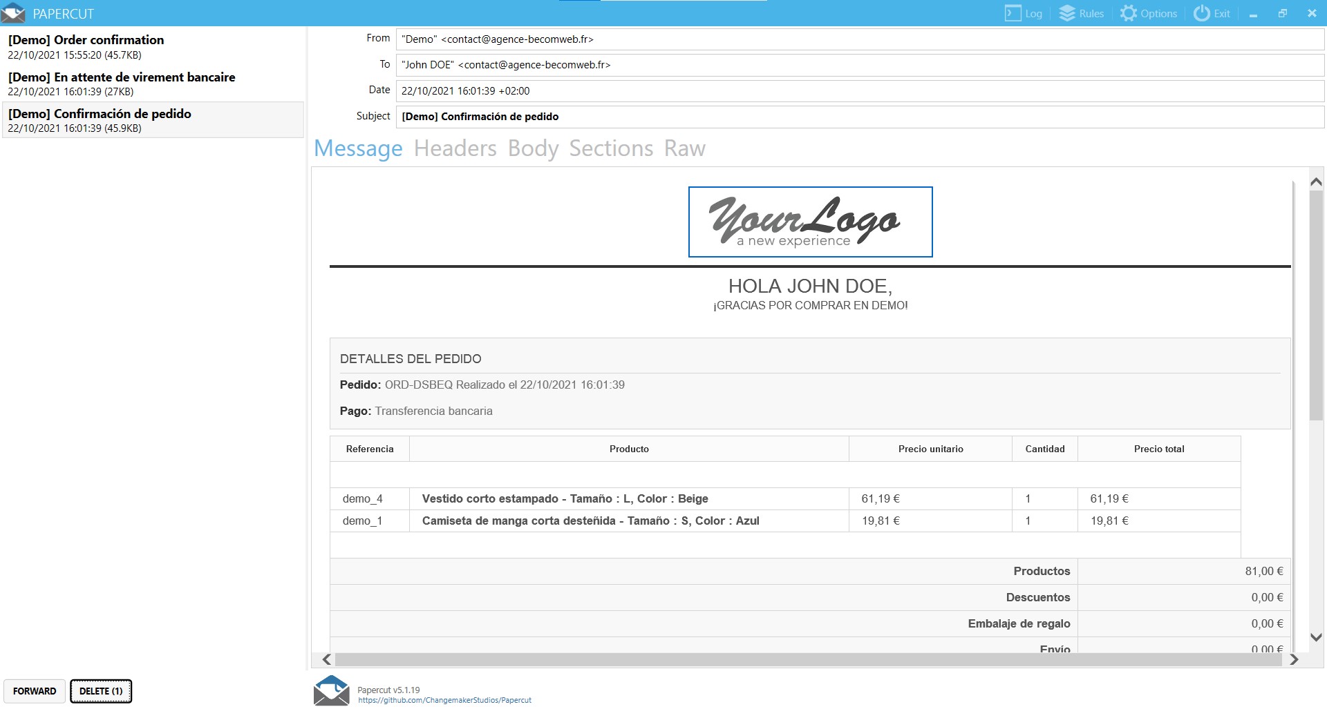 Papercut permet de tester l'envoi de mail en local
