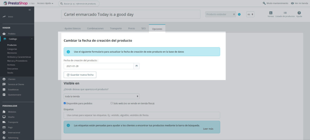 Prestashop 1.7 - Cambiar la fecha de creación del producto